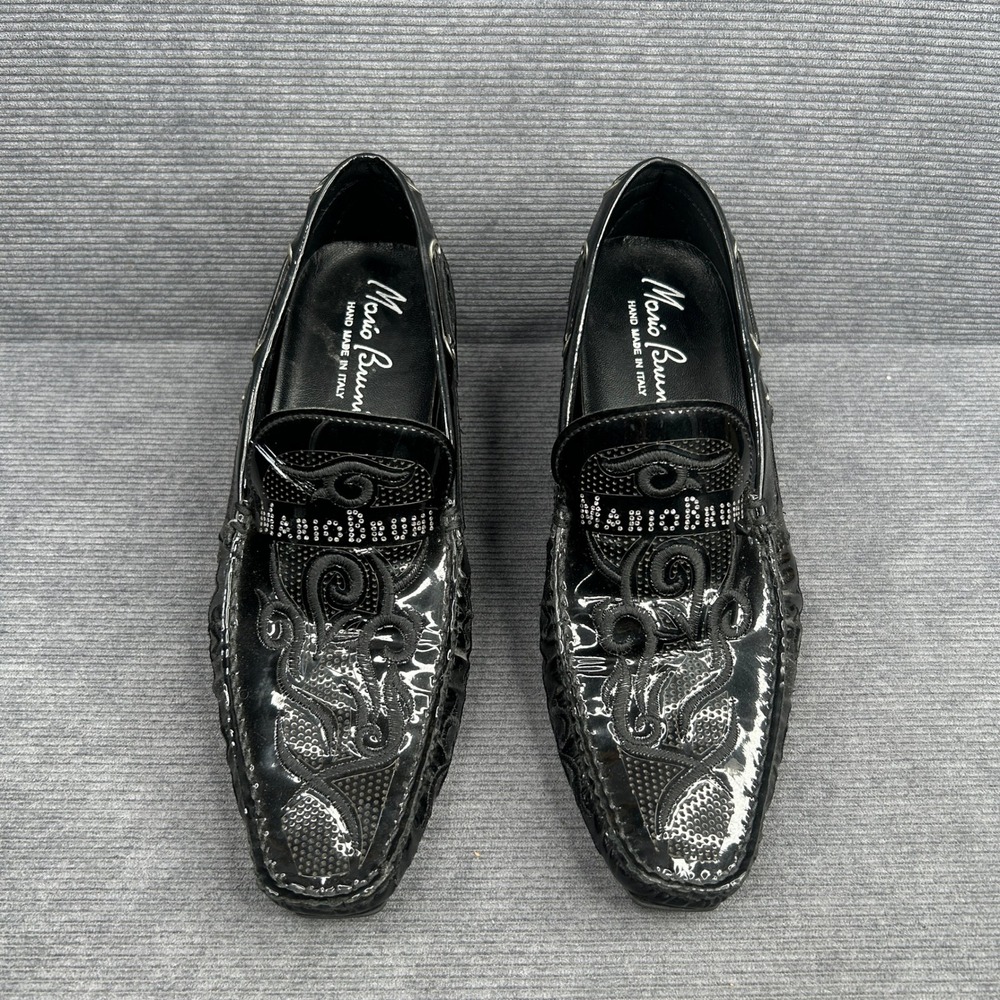 Mario Bruni Black Patent Leather Embroidered Block Heel Loafers  Italy Y2k - Picture 6 of 9